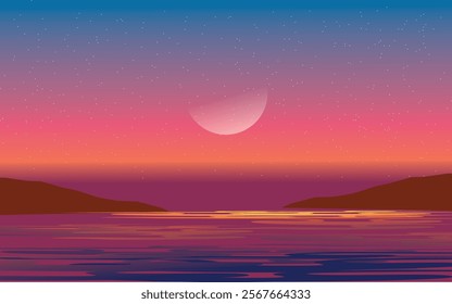 Serene Twilight Scene with a Moonlit Sky, Starry Backdrop, and Vibrant Sunset Reflections Over Calm Water