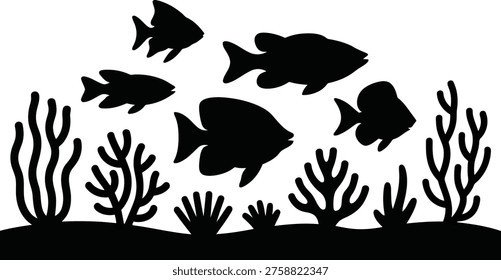 A serene underwater scene featuring large ocean fish and an array of aquatic plants, all rendered as bold black silhouettes.