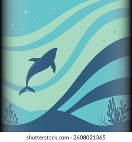 A serene underwater scene featuring a majestic whale gracefully leaping through luminous blue-green waves. The design includes soft flowing lines and scattered bubbles, 