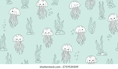 Serene underwater seamless pattern of cute jellyfish and long seaweeds in a simple line art style on a soft mint green background.