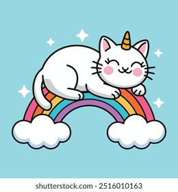 Un gato sereno del unicornio que duerme encima de una ilustración colorida de la historieta del arco iris