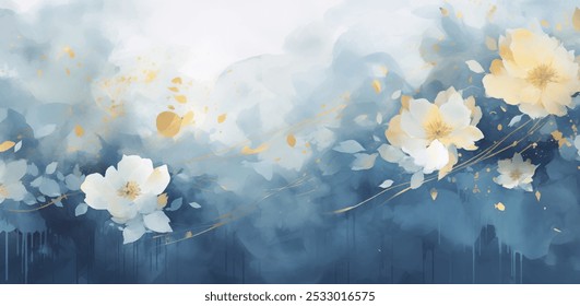 Serene and uplifting floral watercolor artwork with delicate white blossoms on calming blue background. Soft watercolor strokes and shimmering gold accents create a relaxing and inspiring atmosphere. 