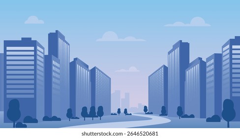 Serene Paisagem urbana da cidade no amanhecer com estrada e edifícios modernos vetor