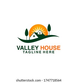 A serene valley house nature vector logo design, featuring peaceful landscapes, mountains, and a house symbol. Ideal for real estate businesses, eco-friendly retreats, vacation homes,