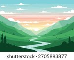 Serene Valley Landscape with River, Mountains, and Sunset Sky.
