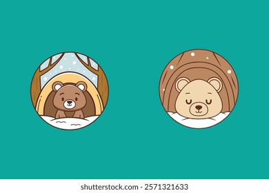 A serene vector artwork of a sleeping bear curled up in a cozy winter cave, perfect for seasonal designs.