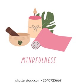 Serene vector composition of meditation tools: yoga mat in handdrawn style, singing bowl, candles,  lush tropical plants. Illustration for banners, social media, invitation
