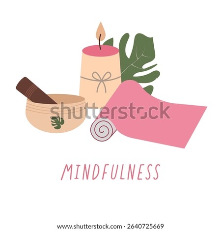 Serene vector composition of meditation tools: yoga mat in handdrawn style, singing bowl, candles,  lush tropical plants. Illustration for banners, social media, invitation
