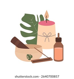 Serene vector composition of meditation tools:aroma oil bottles, singing bowl, candles,  lush tropical plants. Illustration for banners, social media