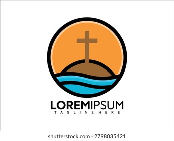 A serene vector graphic illustration of a cross on a hill with wavy water and orange sunset in a circular frame with a tagline and placeholder text for custom use.