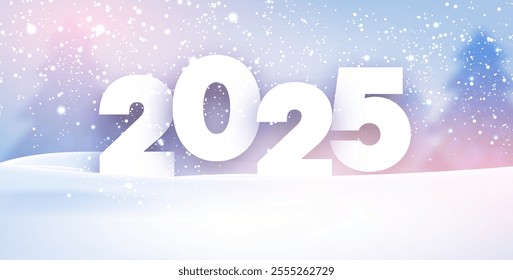 Serene vector illustration of 2025 set in a snowy landscape with a soft pastel gradient and sparkling snowflakes.