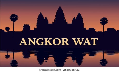 A serene vector illustration of Angkor Wat, with its stunning architecture reflected in the water, surrounded by lush jungle and bathed in the soft light of sunrise