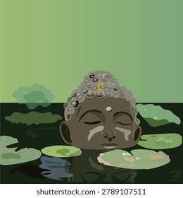 A serene vector illustration of a Buddha statue head resting calmly in a pond surrounded by green lotus leaves and lily pads. Perfect for zen meditation concepts, wellness branding, yoga studio decor, and spiritual designs.