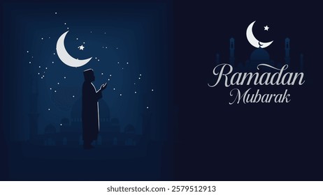 A serene vector illustration celebrating the holy month of Ramadan, featuring a silhouette of a praying man under a glowing crescent moon, surrounded by soft, twinkling stars. 