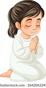 A serene vector illustration of a child kneeling in prayer, featuring soft colors and smooth lines for a calming effect