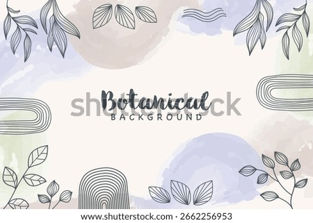 A serene vector illustration featuring hand-drawn botanical leaf outlines and abstract wavy line art on a soft pastel watercolor background.