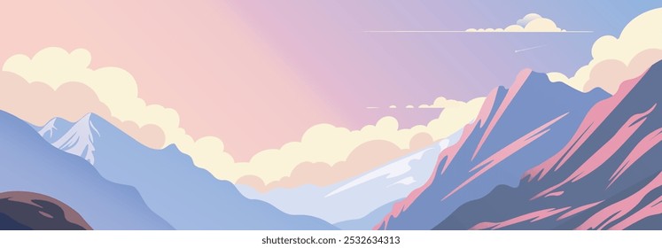 A serene vector illustration of a gentle sunset over mountains, with soft hues of orange, pink, and purple blending in the sky. Perfect for peaceful, nature-themed designs and tranquil outdoor scenes.