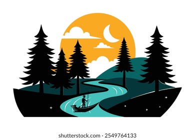 A serene vector illustration of a man rowing a boat on a river winding through a forest, with a stunning sunset in the background