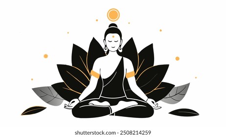 Una serena Ilustración vectorial de un Buda meditando, rodeado de Grandes pétalos de loto y un fondo calmante. Ideal para temas de espiritualidad, atención plena y paz interior.