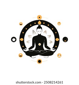 Una Ilustración vectorial serena de un Buda meditante, rodeado de símbolos espirituales y un mandala, ideal para temas relacionados con la espiritualidad, la atención plena y la paz interior.