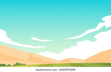 Sereno ilustração vetorial de uma paisagem minimalista com colinas suaves, um campo verde e um vasto céu azul claro com nuvens sábias. Perfeito para fundos pacíficos ou conceitos de espaço aberto.