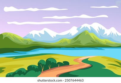 A serene vector illustration of a mountain lake with snow-covered peaks under a colorful sky. Ideal for nature, adventure, or travel-related projects.