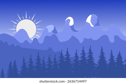 A serene vector illustration of a mountain landscape in monochromatic blue tones. Features a rising sun, snowcapped peaks, and a dense pine forest foreground.