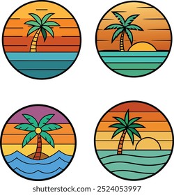 Una serena Ilustración vectorial de una palmera silueteada contra una vibrante puesta de sol en una tranquila playa marina. Las cálidas tonalidades del sol poniente se reflejan en aguas tranquilas, creando una escena tropical pacífica 