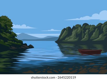 Ilustração serena vetorial de um lago intocado rodeado por pinheiros imponentes, com um fundo de montanha distante e um barco de madeira vazio descansando pacificamente no primeiro plano.