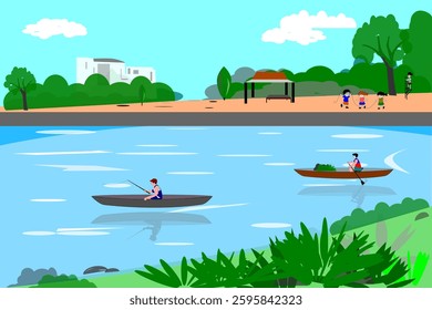 A serene vector illustration of a river scene featuring people fishing from a small boat while children play joyfully on the riverbank. The calm water reflects the surrounding greenery.