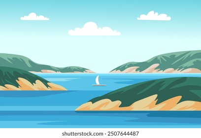 Una Ilustración vectorial serena de un velero flotando en aguas azules tranquilas rodeadas de colinas. Ideal para proyectos marinos, de viajes o de temática estival.