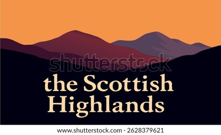 A serene vector illustration of the Scottish Highlands, showcasing rolling hills, misty mountains, and tranquil lochs, with an air of mystery and timeless beauty