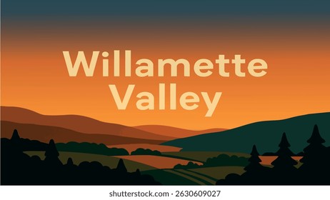 A serene vector illustration showcasing the lush Willamette Valley vineyards, with rolling green hills and the tranquility of a rural farming landscape