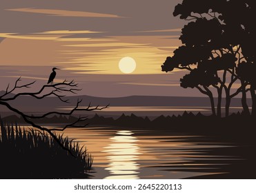 Um vetor sereno ilustração de um pôr do sol com um rio tranquilo, com um pássaro solitário empoleirado em um galho de árvore morto ao longo da margem do rio