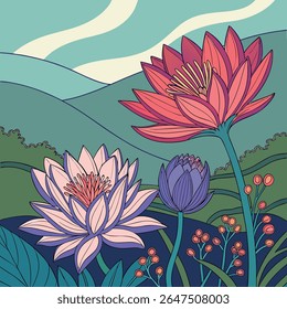 Serene ilustração vetorial de flores vibrantes de lótus florescendo em uma paisagem natural tranquila com colinas rolantes e um céu pacífico.