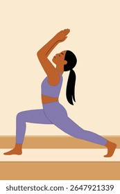 Serene vector illustration of a woman in Warrior One pose (Virabhadrasana I).  Ideal for wellness, fitness, and mindful living projects