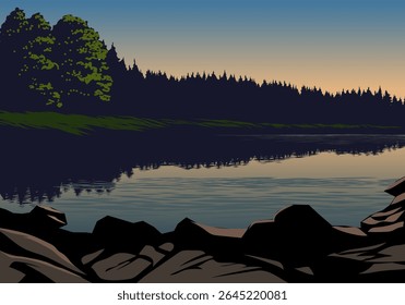 Uma imagem vetorial serena de um lago calmo ao amanhecer, com rochas ásperas no primeiro plano e uma silhueta de uma densa floresta de pinheiros no fundo