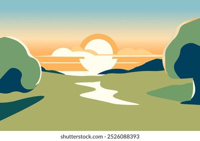 Una serena ilustración del paisaje del Vector de un prado iluminado por el sol con árboles y montañas distantes, bajo un cielo azul brillante. Estilo plano y minimalista. Aislado sobre fondo blanco.