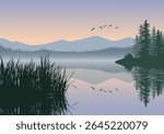 A serene vector landscape of a misty lake at dawn, with silhouetted pine forests framing the scene, distant hazy mountains