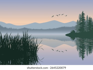 A serene vector landscape of a misty lake at dawn, with silhouetted pine forests framing the scene, distant hazy mountains