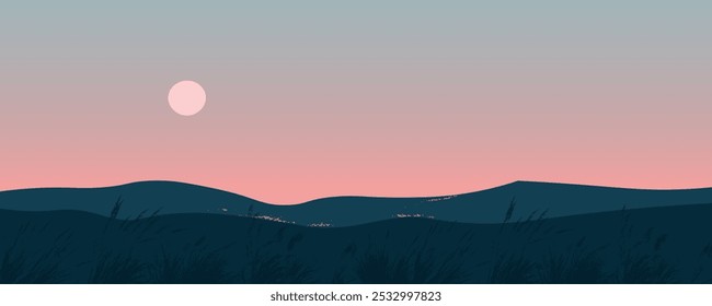 A serene vector landscape with mountains, rolling hills, and grass silhouettes set against a summer sunset. Soft pink gradients create a calm and warm atmosphere, perfect for nature-inspired designs.