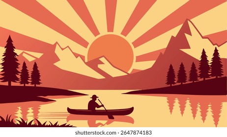 Paisagem vetorial serena com canoagem pessoal em um lago, montanhas, pinheiros e raios solares. Ideal para a natureza, ao ar livre, temas de aventura.