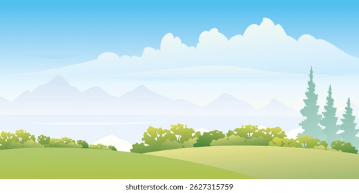Serene vector landscape of rolling green hills, lush trees, and a blue sky with clouds.