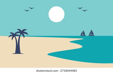 A serene vector landscape of a tropical beach featuring tall palm trees, a minimalist boat resting near the shore, a glowing moon in the night sky, and birds flying gracefully above. The clean line style and balanced composition create a peaceful and modern aesthetic, perfect for use in travel, summer, or nature‑themed designs.