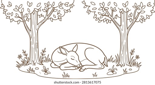 A serene vector line art illustration of a gentle deer sleeping peacefully between two trees. This detailed monochromatic outline drawing features a restful woodland scene with stylized leafy trees, grass, and small flowers on a clean white background. Perfect for nature-themed designs, children's book illustrations, coloring pages, woodland wildlife layouts, and minimalist graphic assets.