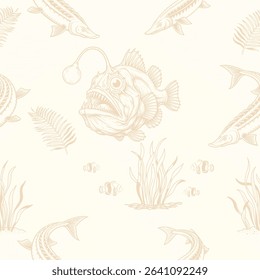 A serene vector pattern featuring detailed anglerfish, majestic sturgeons, and graceful aquatic plants, capturing the quiet grandeur of the ocean's uncharted zones.