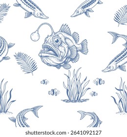A serene vector pattern showcasing diverse marine life and flora in a hand-drawn, illustrative style.