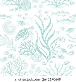 A serene vector pattern showcasing an underwater world with detailed marine life and diverse aquatic flora, rendered in elegant shades of blue and white.