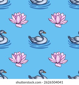 Serene vector seamless pattern featuring stylized grey ducks swimming amidst pink water lilies on a tranquil light-blue background, creating a calming and elegant design.