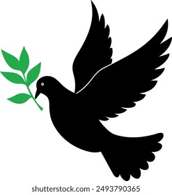 Serene vector silhouette of a dove holding an olive branch, embodying peace and harmony